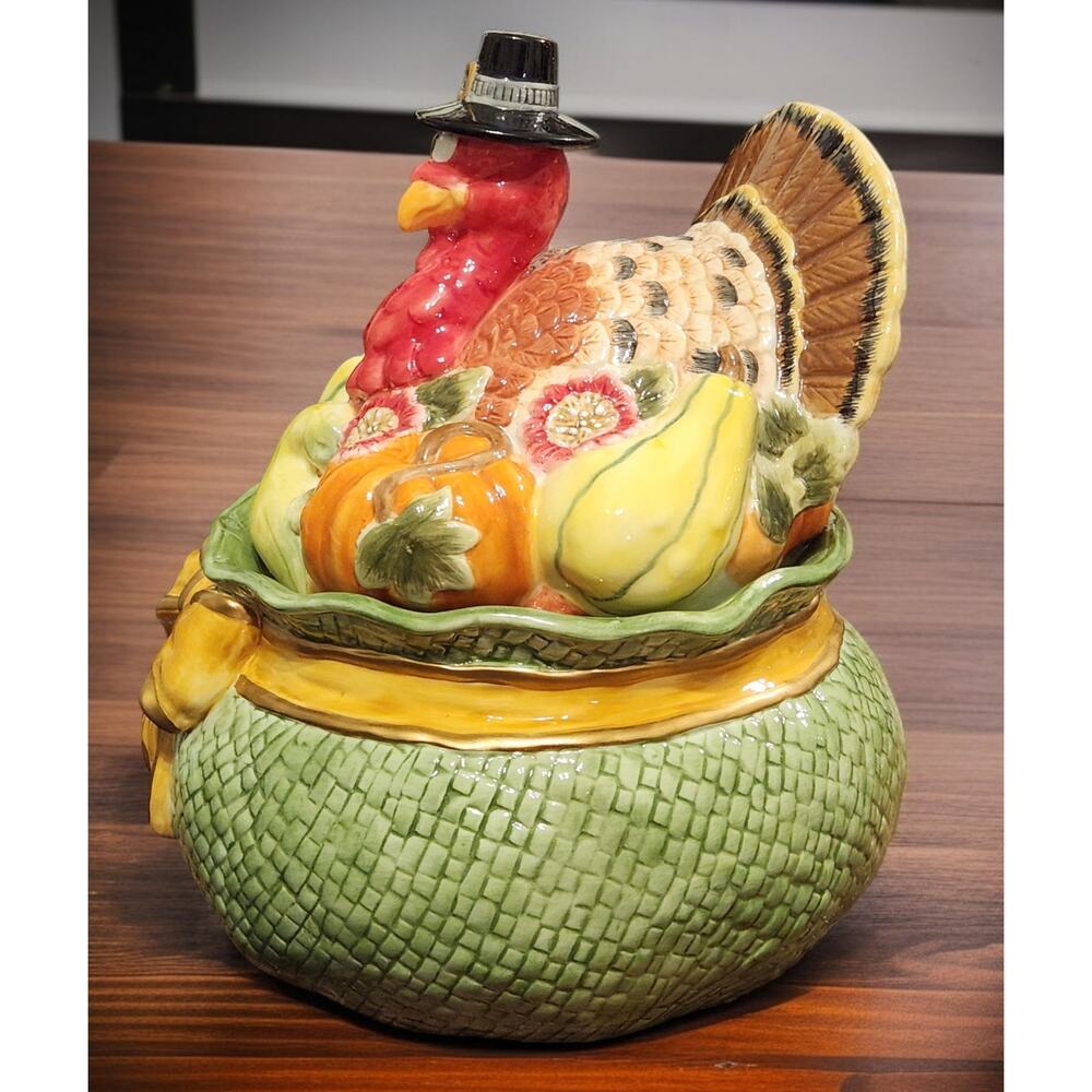 Fitz and Floyd Seasonal Cookie Jar Turkey in Pot of Gourds & Flowers LARGE EUC - Picture 3 of 10